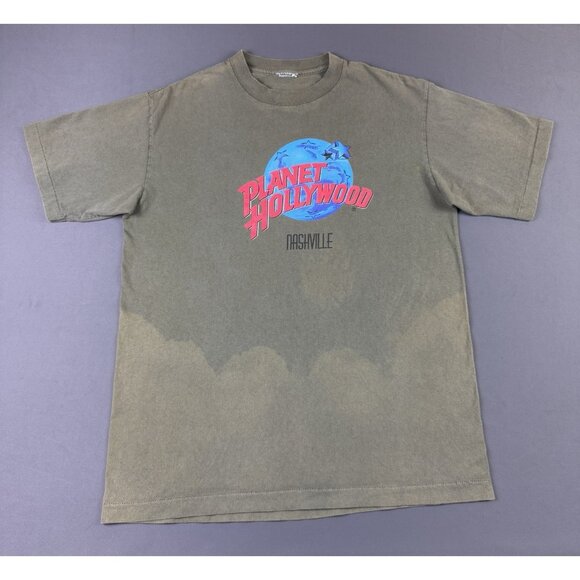 Rare Vintage 90s Planet Hollywood Nashville Faded Olive Green Shirt Logo Large - Picture 1 of 13